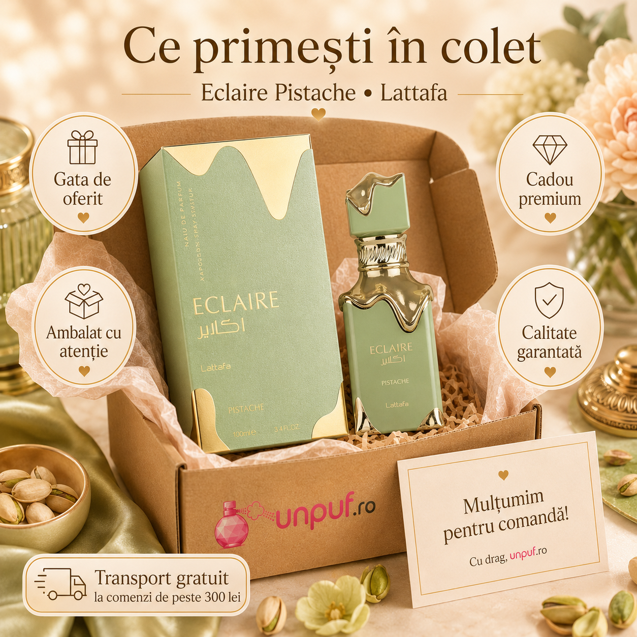 Note olfactive Lattafa Eclaire Pistache fistic frișcă cacao nucă de cocos lapte vanilie și mosc